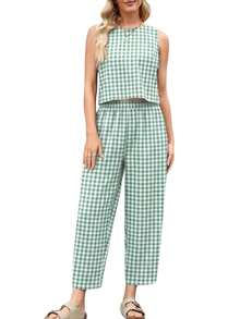 Women's Casual Sleeveless Round Neck Cropped Gingham Top With Matching Non-Stretch Gingham Pants Two-Piece Set - Màu xanh Bạc hà - Xem 1