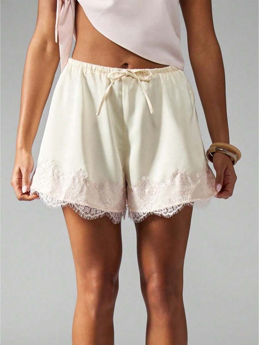 Women Drawstring Shorts Casual Loose Fit Stylish Solid Lace Trim Mid Rise Shorts - 白色 - 查看 1
