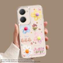 Funda de Teléfono Oso de Caramelo de Flor Linda Adecuada para Vivo Y01 Y02S, T03, S12/15s/16, 17s, 20/20, 21/22, 27, 28, 31.33s35s 36s, 53s.555G755G 200V23v27 Pro v29E y Lite Funda Protectora Transparente Antigolpes de TPU para Móvil, Creativa y a la Moda, Anti-vibración - Colores mixtos - Ver 2