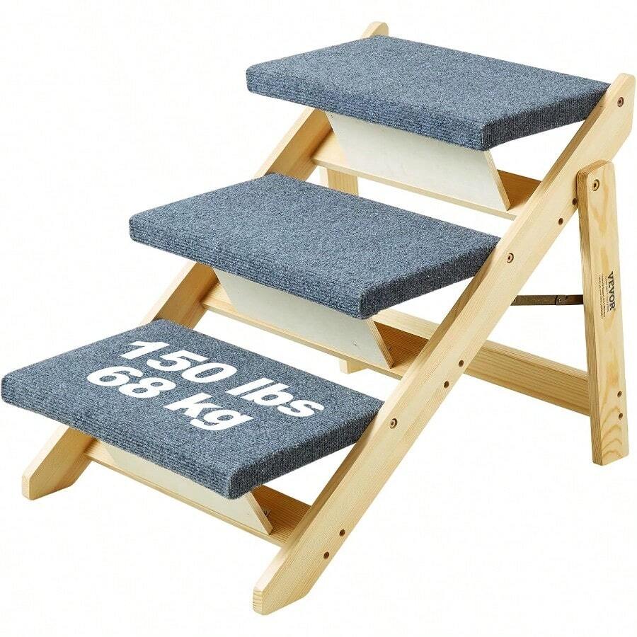 Wood Pet Stairs/Pet Steps 2-In-1 Foldable Wooden Dog Stair For Beds Sofa And Cars Dog Stairs And Ramp With 4 Steps For Small Medium Large Pet Up To 150 Lbs - 3步 - 查看 1