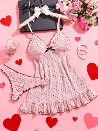 2件套波点睡裙性感女士薄纱网眼内衣吊带裙套装（含内裤）