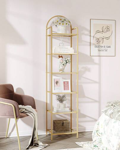 Bookcase Bookshelf, Wide Tempered Glass Bookshelves, Slim Shelving Unit For Bedroom, Bathroom, Home Office, Steel Frame, Gold