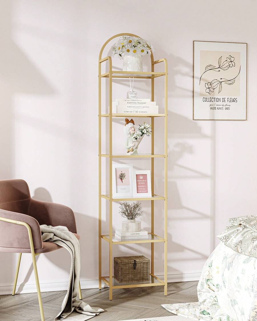 Bookcase Bookshelf, Wide Tempered Glass Bookshelves, Slim Shelving Unit For Bedroom, Bathroom, Home Office, Steel Frame, Gold - Vàng - Xem 1