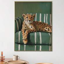 1 buc. Poster de artă murală înrămat pe pânză, poster cu leopard pe canapea, artă contemporană modernă verde smarald, decor de casă cu plante, artă murală cu ghepard, artă murală imprimabilă cu ghepard, decor de casă la modă pentru sufragerie, estetică decor dormitor - Multicolor - Vizualizare 9