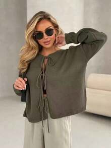 Cárdigan de punto liso con detalle de lazo. Novedad de otoño. Versátil estilo europeo y americano. Jersey holgado de cuello redondo y manga larga para mujer blusas elegantes dama - Verde militar - Ver 3