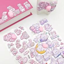 1pc/Soft And Squishy, Just Want To Squeeze! Pink-Purple 3D Flocking Stickers: Bunnies Hugging Hearts, Little Bears Lying On The Moon, Each One A Cute, Healing Item That Seems To Release Pink Bubbles, A Delightful Treasure To Sprinkle A Girlish Touch Into Your Planner. - Multicolor - View 4