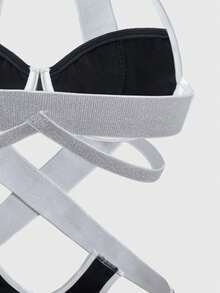 Contrasting Women's Sexy Lingerie Adjustable Halter Strap Attachment 3/4 Cup Type Bodysuit Silver Elastic Waistband Front Hollowed-Out Briefs-Type Comfort Jumpsuits - Black - View 6