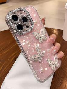 高级水钻、粉色珍珠、心形和蝴蝶图案亚克力硬壳手机壳，兼容 17 Pro Max/17 Pro/17 Air/17/16 Pro Max/16/16 Pro/16 Plus/15/15 Pro Max/15 Pro/15 Plus/11/12/13/14 Pro Max/11 Pro/11 Pro Max/12 Pro/12 Pro Max/13 Pro/13 Pro Max/7 Plus/14 Pro/14 Pro Max/14 Plus，创意设计 - 粉紅色-珍珠蝴蝶 - 查看 4