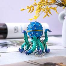 YU FENG 2.5'' Hand-Painted Enamel Octopus Jewelry Trinket Box Hinged Jewelry Organizer With Crystals Ring Earring Storage Box Blue Sea Animal Figurine Keepsake Collectible Christmas Gift,Octopus - Octopus - 查看 4