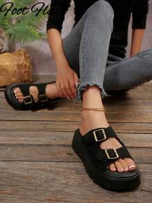 厚底镂空露趾女式凉鞋，休闲度假户外穿着，春夏新款，适合搭配连衣裙和沙滩装 - 黑色 - 查看 5