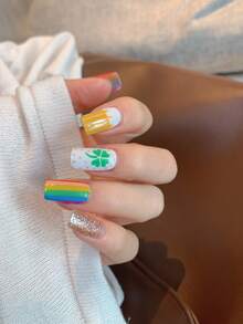 1片装新款圣帕特里克节美甲贴纸，自粘式全覆盖设计，全甲贴片，防水可移除美甲贴，女士美甲，女士自粘美甲贴纸，易于使用，适合节日、派对、生日礼物美甲 - 彩色 - 查看 3