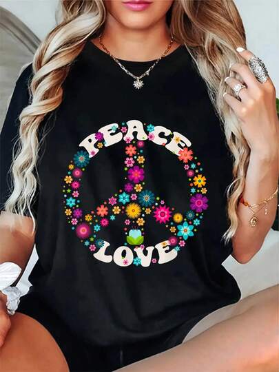 100% Cotton PEACE SIGN LOVE T Shirt 60s 70s Tie Dye Hippie Costume T-Shirt Round Neck Short Sleeve T-Shirt Women's Men's Graphic Tee