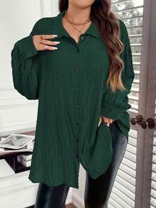 Womens Plus Size Shirts Long Sleeve Lapel Collar Solid Color Button Down Tops Fall Blouse - Green - View 6