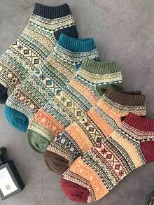 5双装条纹袜，复古保暖中筒袜，女士长袜，秋冬款