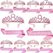 2pcs/Set 4th 5th 6th 7th 8th 9th 10th 12th 13t 16th Birthday Gift Party Favor Rhinestone Crown Jewelry Peony Ribbon Number Etiquette Rose Flower Shoulder Strap Onion Powder Cloth Belt Holiday Dress Up Set Fashion Number Delicate Crown Tiara Hair Accessories It's My Birthday For Pink - Rose Gold - View 1