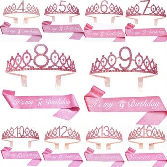 2pcs/Set 4th 5th 6th 7th 8th 9th 10th 12th 13t 16th Birthday Gift Party Favor Rhinestone Crown Jewelry Peony Ribbon Number Etiquette Rose Flower Shoulder Strap Onion Powder Cloth Belt Holiday Dress Up Set Fashion Number Delicate Crown Tiara Hair Accessories It's My Birthday For Pink