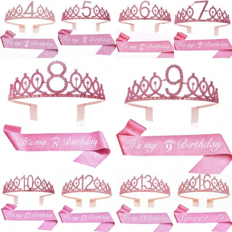 2pcs/Set 4th 5th 6th 7th 8th 9th 10th 12th 13t 16th Birthday Gift Party Favor Rhinestone Crown Jewelry Peony Ribbon Number Etiquette Rose Flower Shoulder Strap Onion Powder Cloth Belt Holiday Dress Up Set Fashion Number Delicate Crown Tiara Hair Accessories It's My Birthday For Pink - Rose Gold - View 1