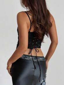 GLOpass Sexy Casual Jacquard Lace-Up Backless Lace Patchwork Camisole Tank Top, Suitable For Vacation Black Summer - Black - View 6