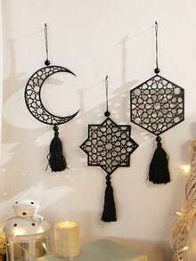 1/3 chiếc đồ trang trí hình trăng lưỡi liềm và sao màu đen, thiết kế rỗng nhẹ với tua rua mềm mại, phong cách Boho hiện đại, tác phẩm nghệ thuật hình trăng lưỡi liềm và sao, thích hợp để trang trí tường nhà, cửa sổ/cửa ra vào, tiệc tùng, phòng khách và phòng ngủ ấm cúng. - Gỗ đen - Xem 3
