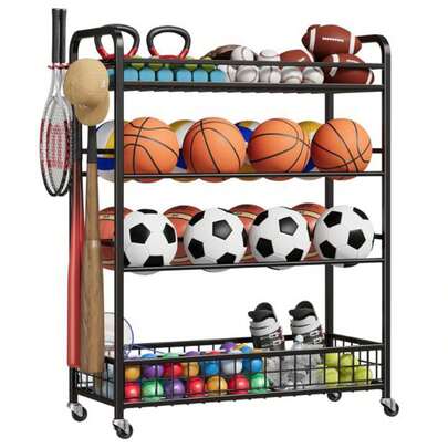 Sports Equipment Organizer, Ball Storage Rack, Rolling Ball Storage With Baseball Bat Holder And Hooks,  Large Capacity Garage Sports Toy Organizer With Hooks And Baskets, Rolling Ball Cart With Wheels For Toy And Gear Organizer, Black