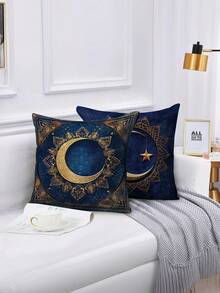1/2/4件装，新款枕套，以金色新月、星星和建筑图案为主要元素，尺寸为17.7英寸*17.7英寸厘米，适用于家居沙发装饰和家居饰品（不含枕芯） - 藍色 - 查看 3