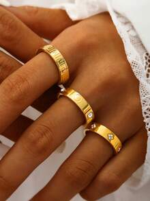 TONSI 1pc Fashionable Luxury Minimalist Niche High-End 18K Gold Plated Stainless Steel Cubic Zirconia, Clover, Geometric Pattern Ring, Couples Ring, Jewelry Gift Box, Unisex, Suitable For Daily Wear, Commute, Festivals, Parties, Wedding Rings, Wedding Gifts, Christmas Gifts