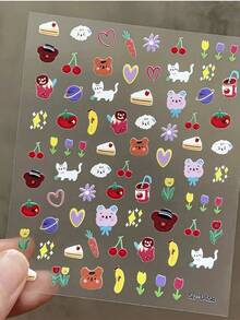 1 Sheet 6D Cartoon Nail Stickers – Kawaii Animal Dessert Flower Nail Art For Girls - Nhiều màu - Xem 6