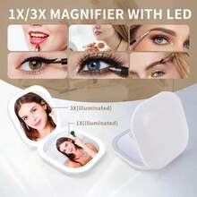 Portable LED Light Compact Mirror, 1x/3x Magnification LED Pocket Mirror With USB Data Cable, Mini Mirror For Purse, Pocket, Travel, Led Lighted Mirror - 白色 - 查看 4