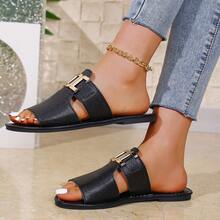 Women's Fashion Casual Snake Skin Pattern Buckle Decor Round Toe Comfortable Slide Sandals - Black - View 7