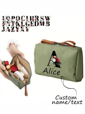 1pc Personalized Elegant Monogrammed Cosmetic Bag, Multifunctional Portable Travel Toiletry Pouch For Women, Perfect For Business Trips And Personal Use, Durable Polyester With Zipper Closure - Machine Washable - Makeup Travel Bag,Customized Toiletry Bags,Easy Comfort