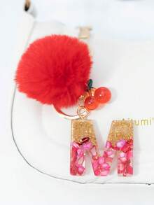 1 Piece Of Rose Red English Letter Resin Keychain With Bubble Hair Ball And Red Cherry Decoration 18K Gold Lobster Buckle Design, Suitable For Bag Chains, Mobile Phone Hanging Chains, Keychains, And Gifts For Friends And Mothers - Red - View 4