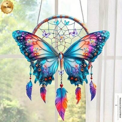 2D Bohemian Style Acrylic Butterfly & Feather Dreamcatcher - Vibrant Dreamlike Dreamcatcher Wall Hanging Decor, Suitable For Weddings, Festivals And Home Decor, No Electricity Needed, Ideal Gift For Friends And Family