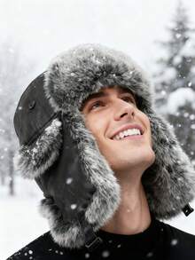 1 Piece Winter Warm Bomber Hat For Men Women Snow Cap Faux Fur Ushanka Trapper Hats With Earflaps For Outdoor Hunting Skiing,Christmas Gift - Black - View 2