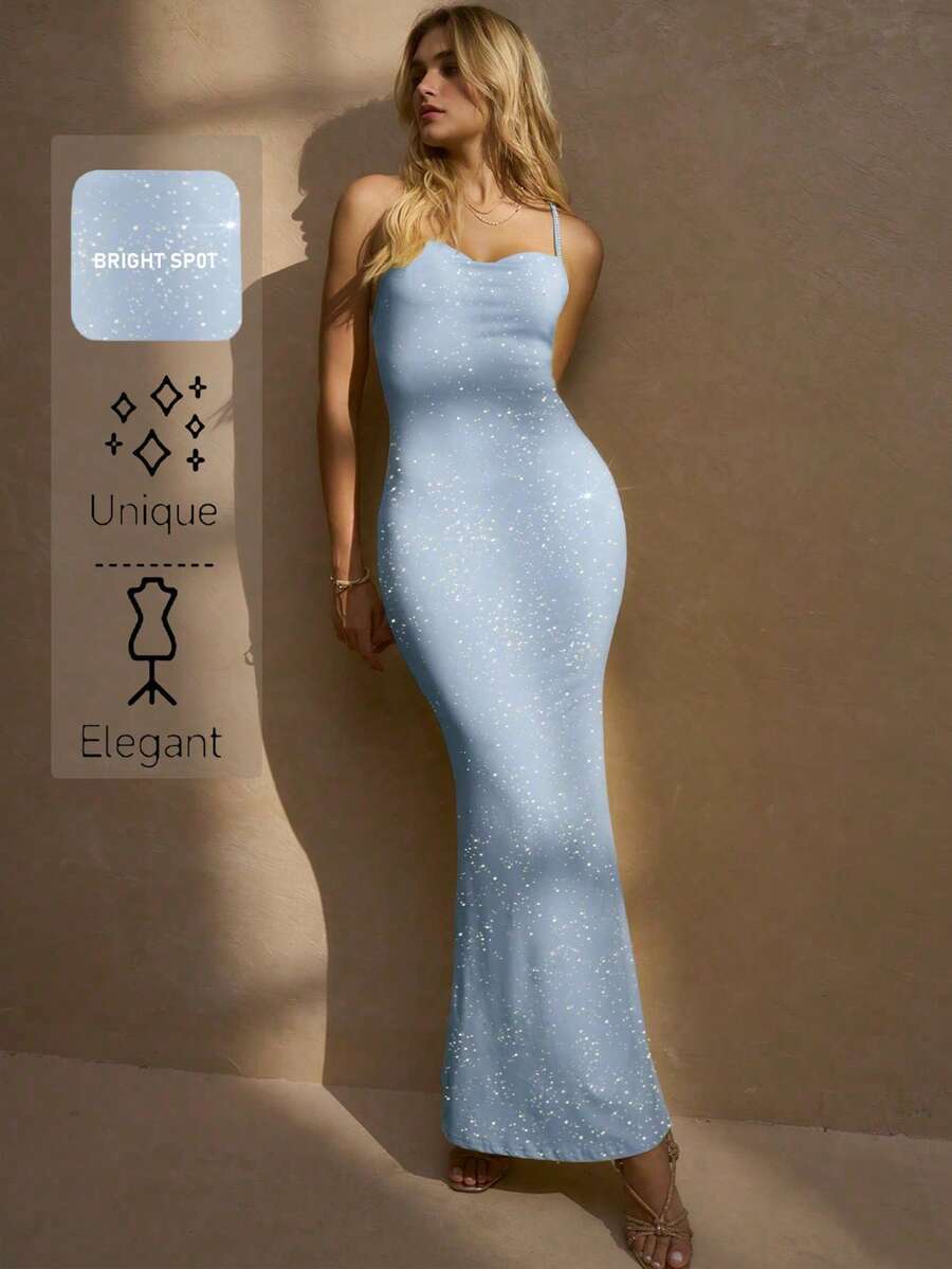Această rochie elegantă, croită, cu paiete, are un design cu spatele încrucișat și bretele reglabile delicate, perfectă pentru întâlniri de sărbători și petreceri. - Bleu - Vizualizare 1