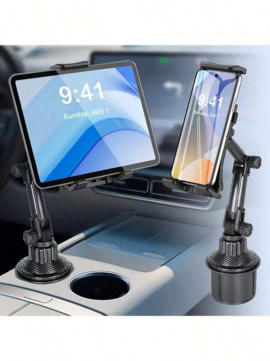 可調節式汽車杯架平板與智慧型手機支架 - 適用 4-13 英吋裝置，相容 iPad Mini/Air，不適用於大型裝置，僅相容 iPhone、Mini 及類似機型