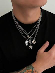 5pcs Fashionable Punk Star Necklaces, Men's Personalized Charm Geometric Pendant Necklaces, Suitable For Daily Wear And Parties, Can Be Worn Separately, Couple Necklaces, Holiday & Birthday Gifts, Star Necklaces - Silver - View 3