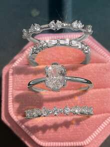 CVNANA 4pcs/Set Elegant Stackable Rings, Inlaid With Shiny Cubic Zirconia Teardrop And Rectangle Symbols, Representing Romance And Elegance, Suitable For Daily Wear, Also A Great Gift For Chinese New Year, No Gift Box - A - View 6