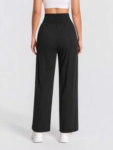 1件装 女士纯色高腰褶皱户外口袋阔腿运动休闲裤 - 黑色 - 查看 6