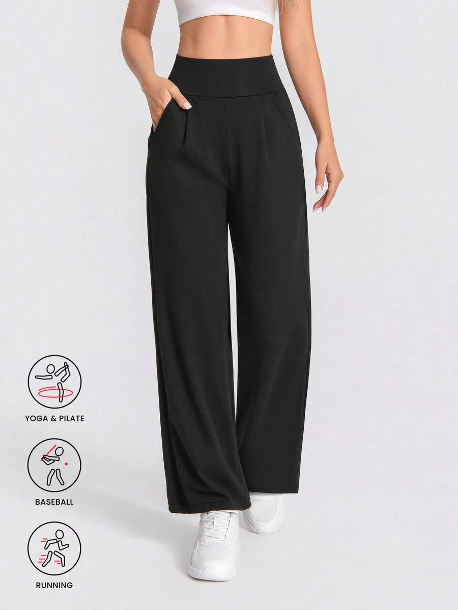 1件装 女士纯色高腰褶皱户外口袋阔腿运动休闲裤 - 黑色 - 查看 1