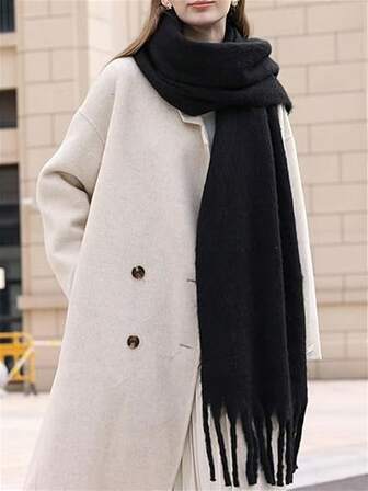 1 st herr höst- och vintertjock enfärgad tofshalsduk, trendig mångsidig varm halsduk, lång böljande franshalsduk, lämplig för både män och kvinnor