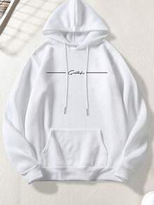 Men's Casual Street Floral Font Slogan "Grateful" Minimalist Print Fleece Hoodie, Autumn/Winter - White - View 6