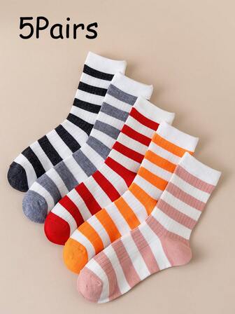5 Pairs Women's Striped Soft & Comfortable Casual Crew Socks, Versatile For Daily, Leisure And Sports Wear