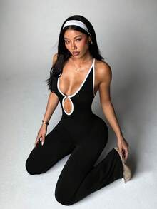 Women's Seamless Contrast Color Knot Detail Sports Jumpsuit - Black - View 6