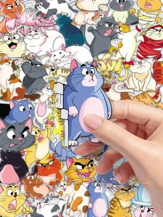 50张透明贴纸，手绘可爱猫咪和卡通动物图案，可用于装饰日记本、杯子等。