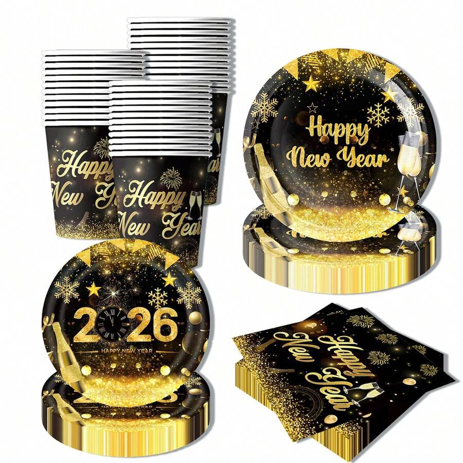 10/20/80pcs Happy New Year Paper Plates, Cups And Napkins - Disposable Paper Party Supplies Set For 20 Guests, Gold Color For 2026 New Year Eve Party - Multicolor - View 1