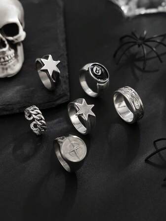 6 st moderiktiga stjärnringar i punkstil, vardagskläder för män