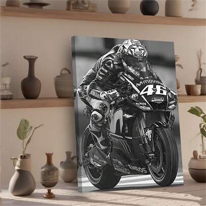 1pc Motorcycle Racing Art Painting Poster - Black And White Track Scene Canvas Print Wall Art With # 46 Motorcycle - Living Room, Office, Garage Decoration Frame - Motorcycle Enthusiast Gift, Ready To Hang And Use