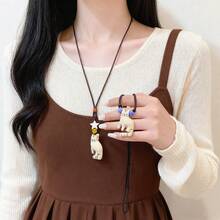 复古猫咪项链，串珠吊坠项链饰品，女童颈链 - 彩色 - 查看 8