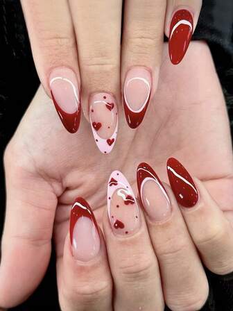 24 st. söta, medelstora mandelfärgade press-on-naglar, glänsande röda, nakna hjärtan, virvlar design, passar perfekt, lösnagelkit med heltäckande lösnaglar, inkluderar 1 ark självhäftande flikar och 1 st. minifil för daglig dejting, kontor, hemmafest