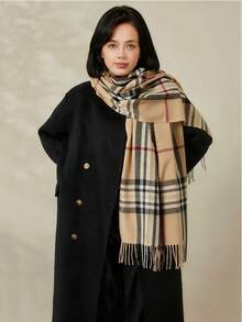 经典格子围巾，百搭男友礼物，高品质双面保暖围巾，男女皆宜，适合秋冬季节，可作围脖、毯子使用 - 米色 - 查看 3